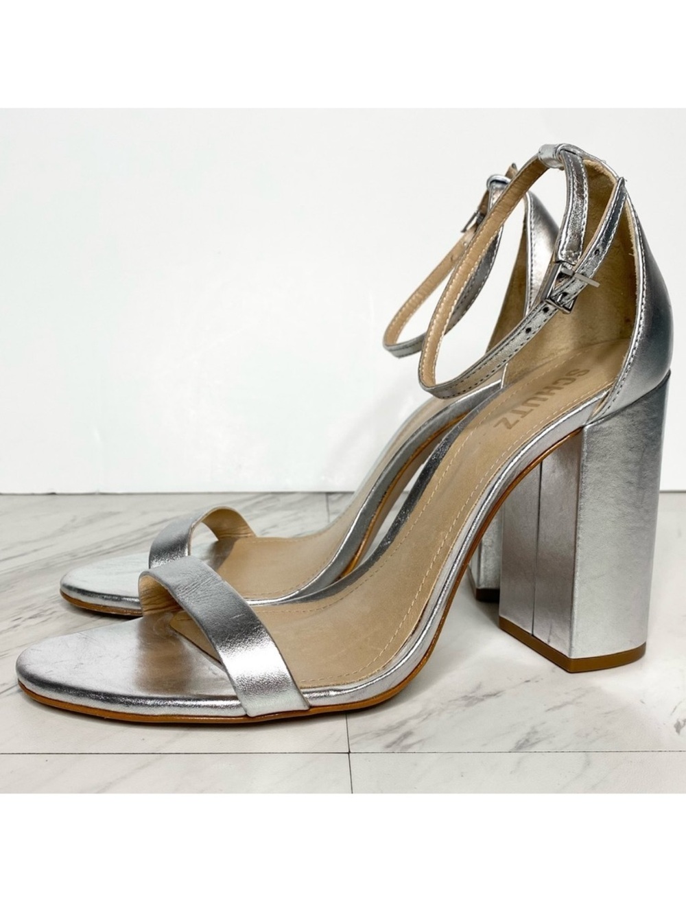 Schutz Silver Leather Ankle Strap Block Heel Sandal 10 1/2 B